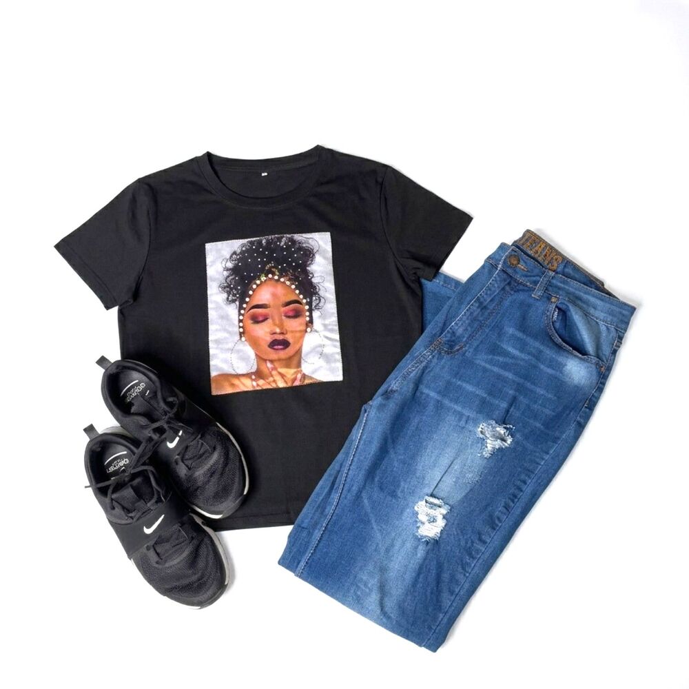 SHEIN Black Portrait Pearl Graphic Tee XL Baddie Y2K